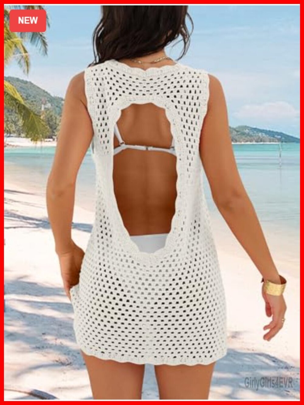 V Neck Knit Crochet Backless Swimsuit Cover Up Dress - Picture 3 of 7